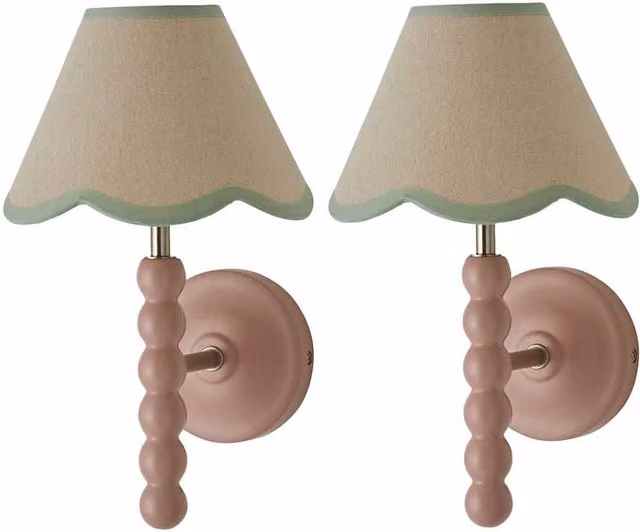 ValueLights Bobbins Pair of Pink Wall Lights with Green Fabric Shades and Bulbs – 1