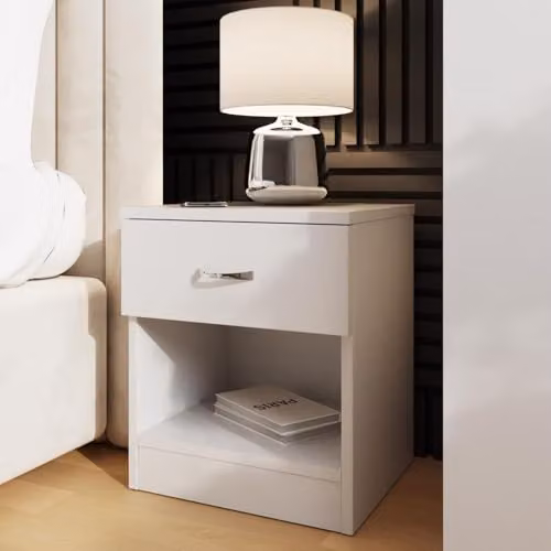 FWStyle Modern White Bedside Table with 1 Drawer and Open Storage, W/D/H: 47 x 40 x 36 cm – 2