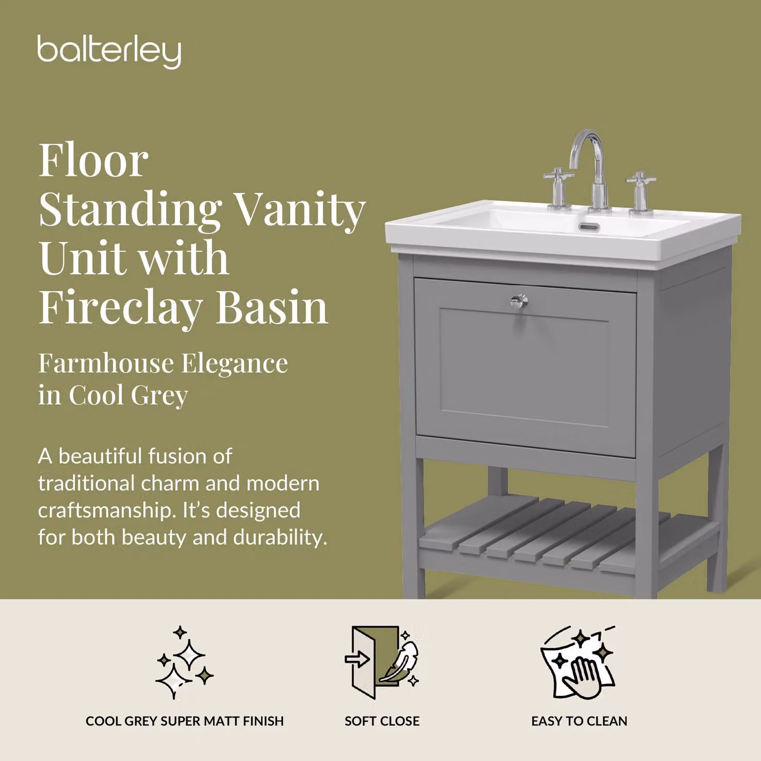 Balterley Bathroom Floor Vanity Unit with 1 Drawer and 3 Tap Hole Basin, Cool Grey, W: 63 cm – 2