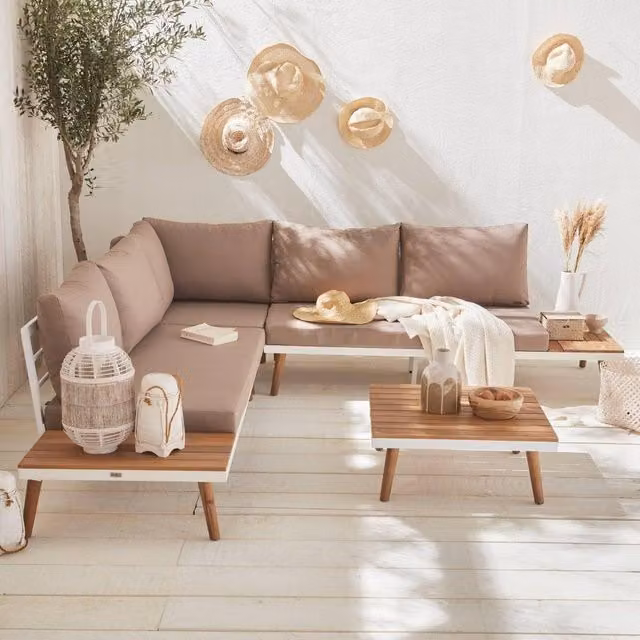 Sweek 5-Seater Scandinavian Acacia Wood Corner Garden Sofa Set in White