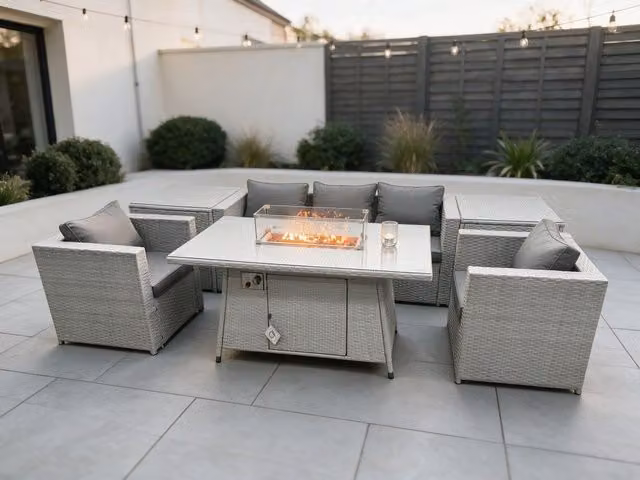 Fimous Grey Polyrattan Corner Garden Furniture Set with Gas Fire Pit Heater and Upholstered Cushions – 1