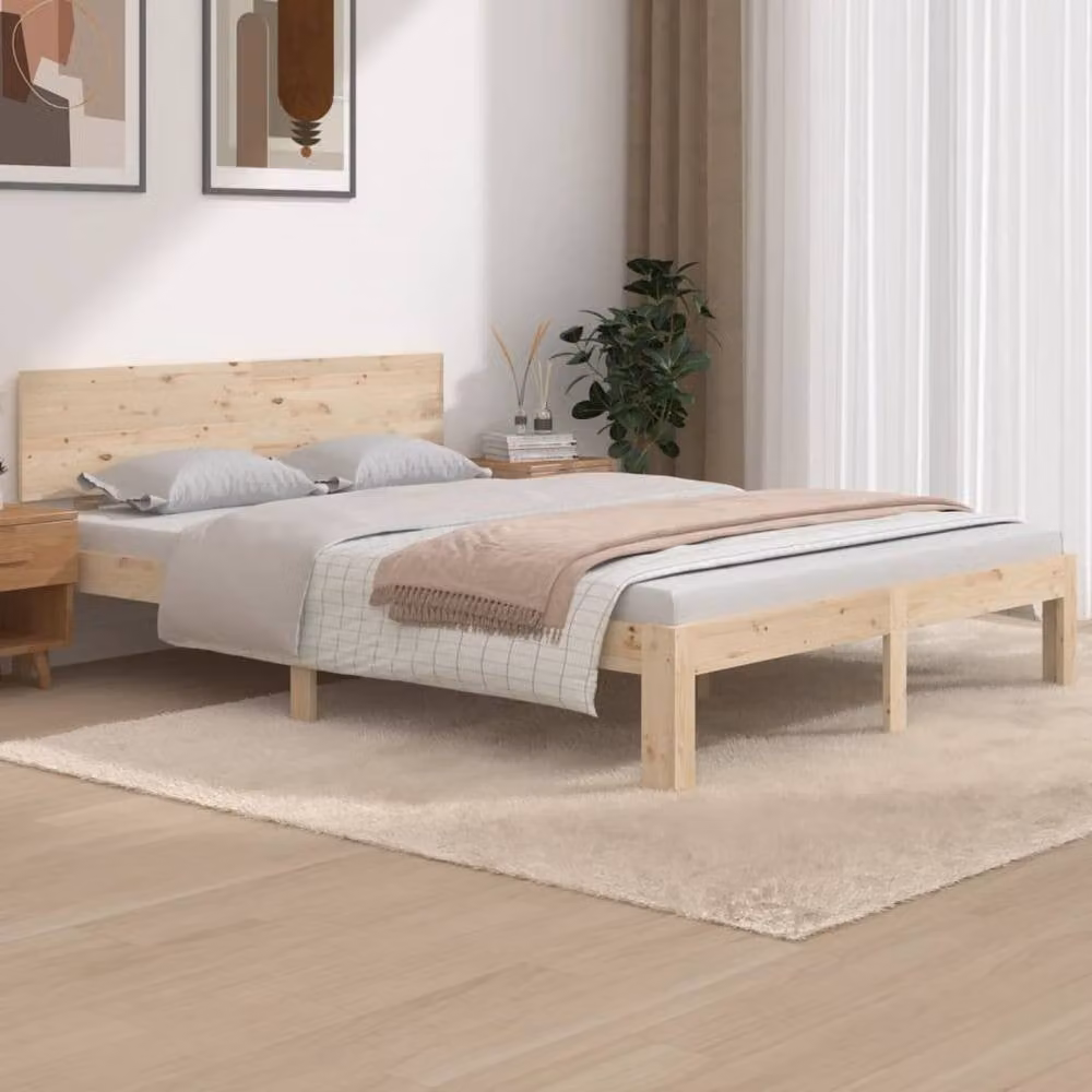 Berkfield Home Beautiful Solid Wood Pine Bed Frame in Beige, W/D/H: 140 x 143.5 x 195.5 cm – 2