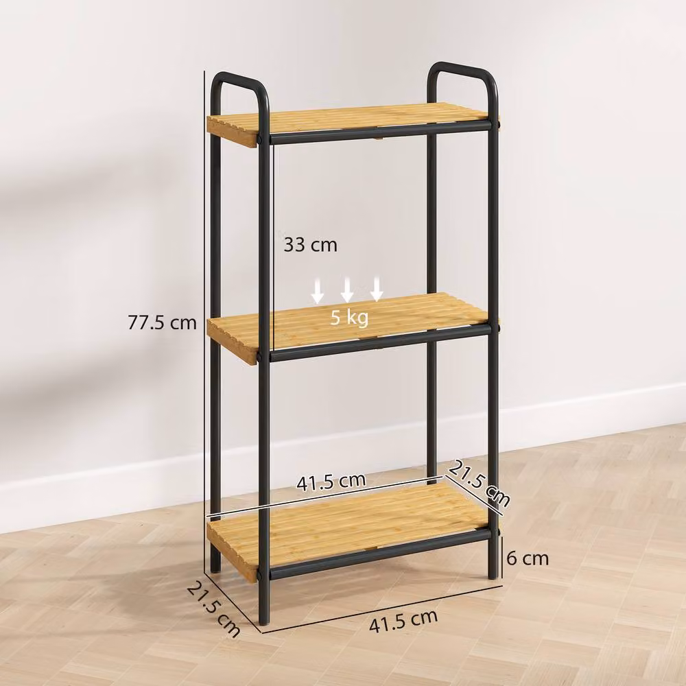STILVORA 3 Tier Freestanding Storage Shelf with Black Lacquered Bamboo Slatted Shelves – 2