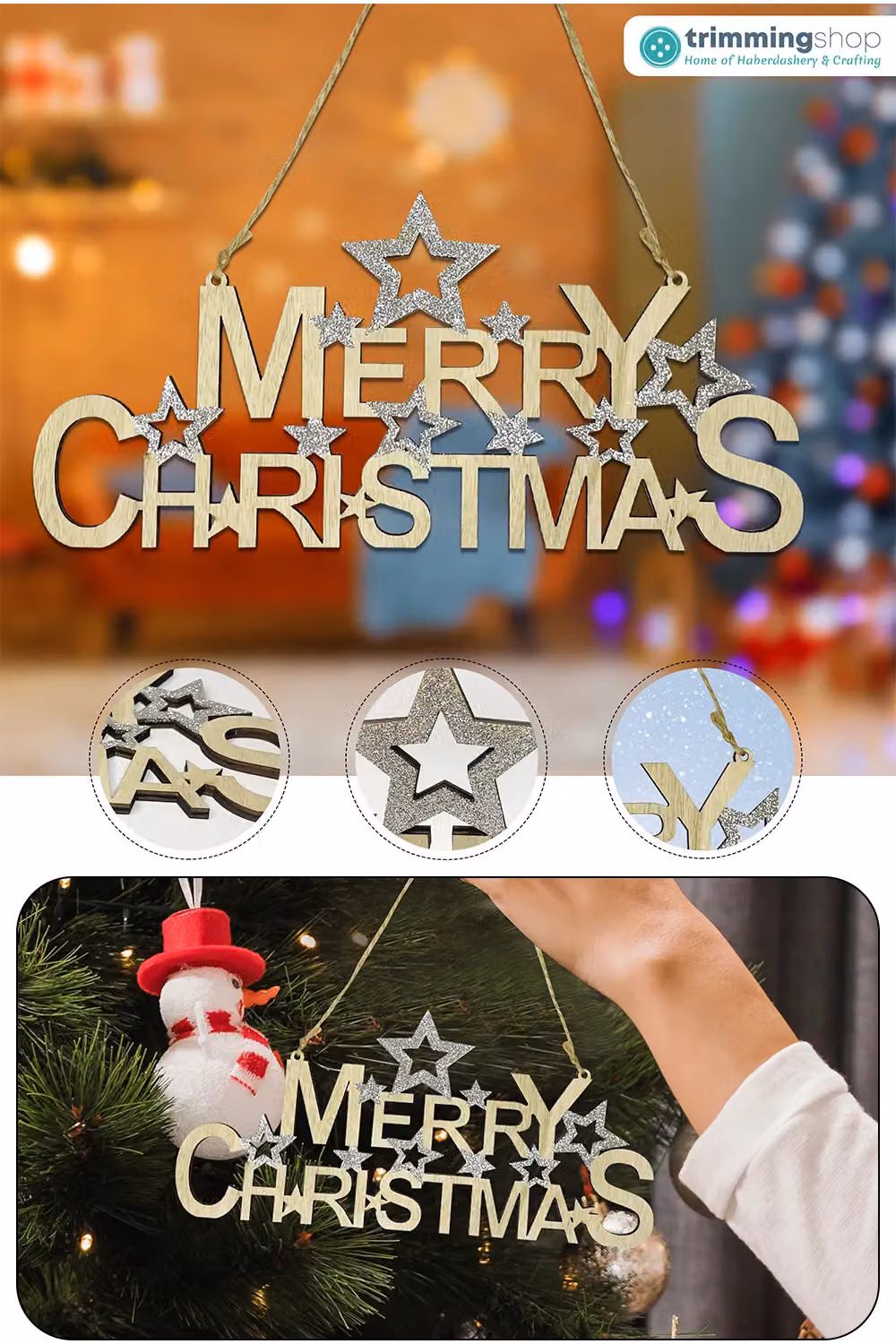 Neel Blue Rustic Wooden Merry Christmas Hanging Sign, W: 30 cm, H: 15 cm – 5