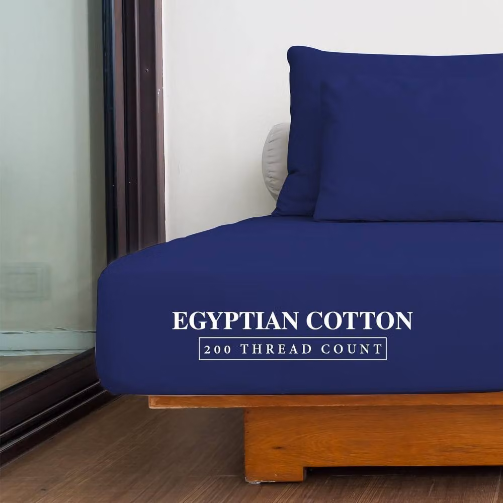 Homes-Linen 100% Egyptian Cotton 200TC Fitted Sheet in Blue, Double, W/D/H: 140 x 200 x 30 cm – 2