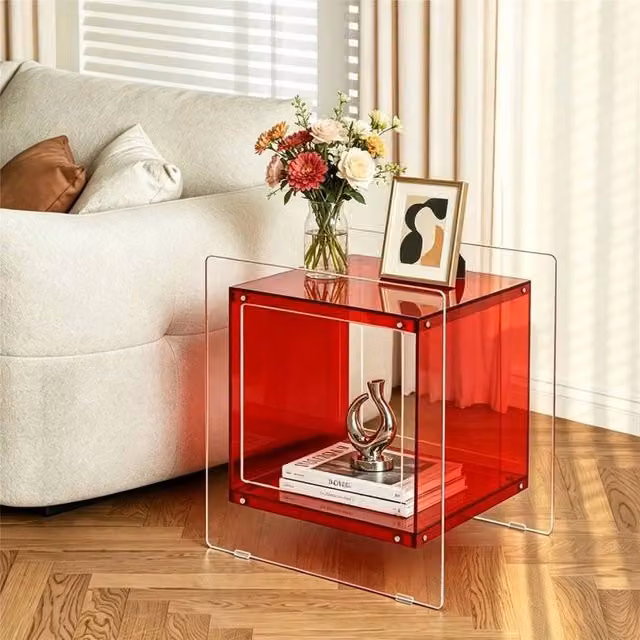 VOGREX Red Transparent Acrylic End Table and Bedside Nightstand with Media Compartments