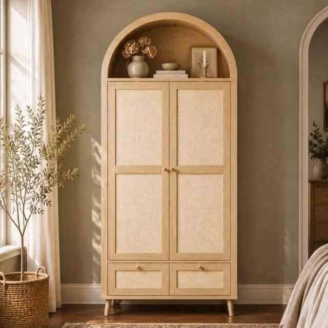 Matteo Modern Rattan-Effect Double Wardrobe with Hinged Doors and Integrated Drawers in Natural Oak – 1