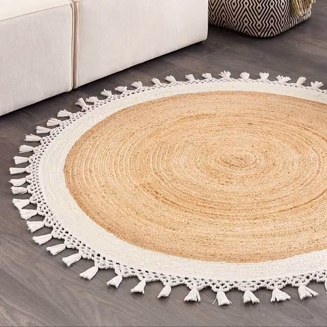 Wyld and Coco Round Braided Jute and Cotton Rug in Beige and White, Diameter: 140 cm – 1