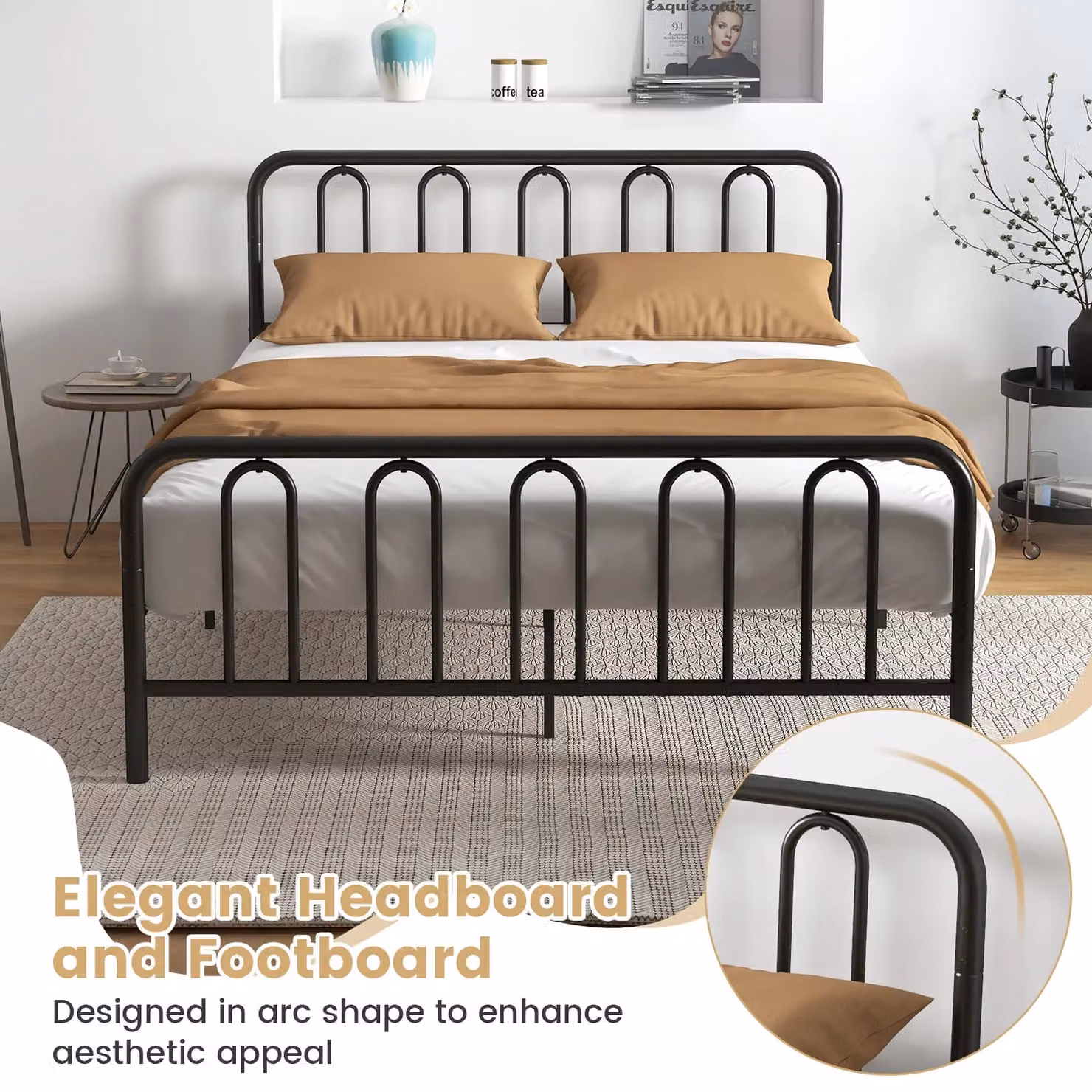 Costway King Size Metal Bed Frame with Headboard and Slatted Platform Support in Black, 180 x 200 cm – 6