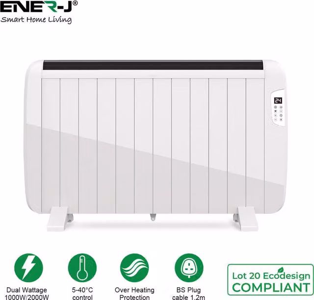 EnerJ Smart 2000W Ceramic Fan Heater with App Control and Overheat Protection, White