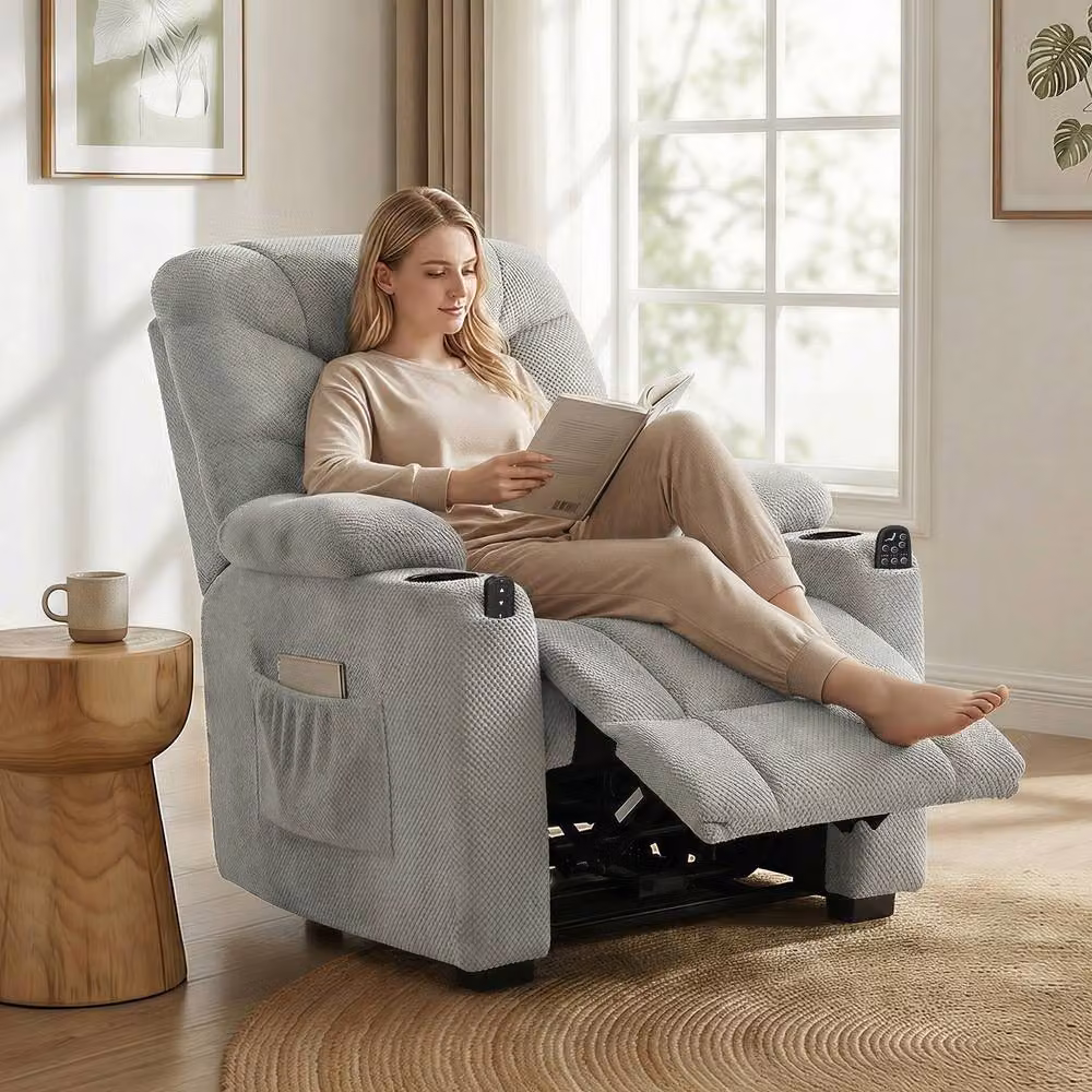 STILVORA Grey Fabric Recliner Armchair with Massage, Heat and USB Charging Port – 2