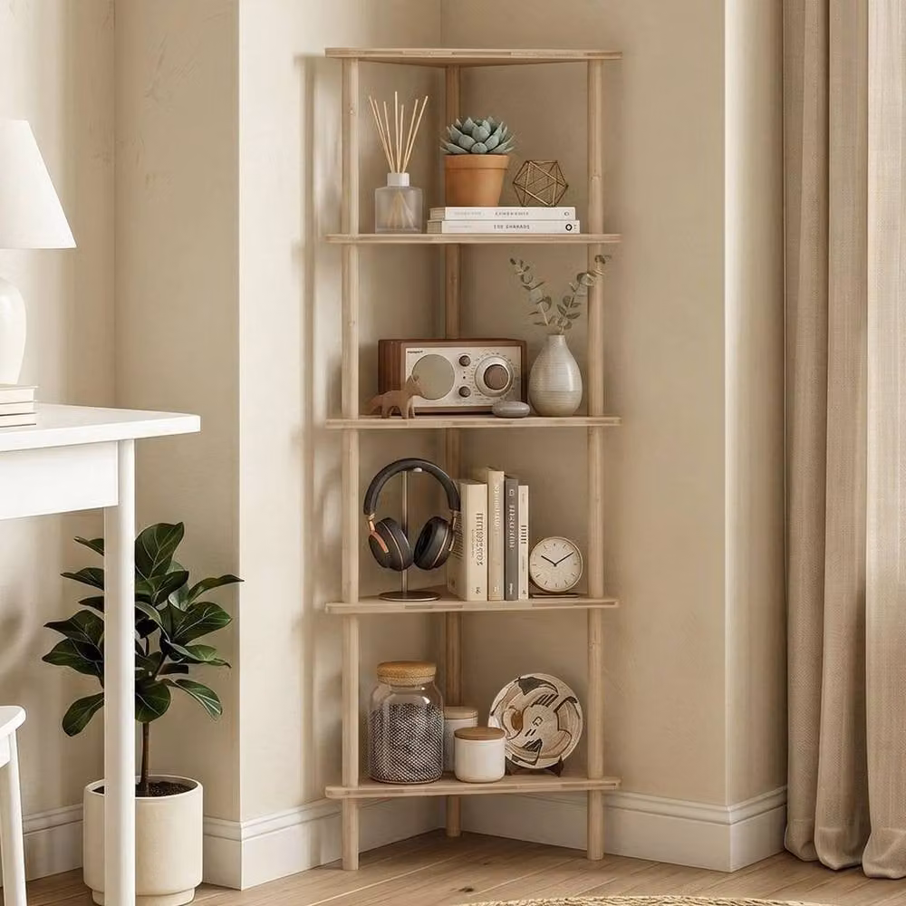 KORVIXA 5-Tier Corner Storage Shelf in Natural Bamboo Wood Finish – 3