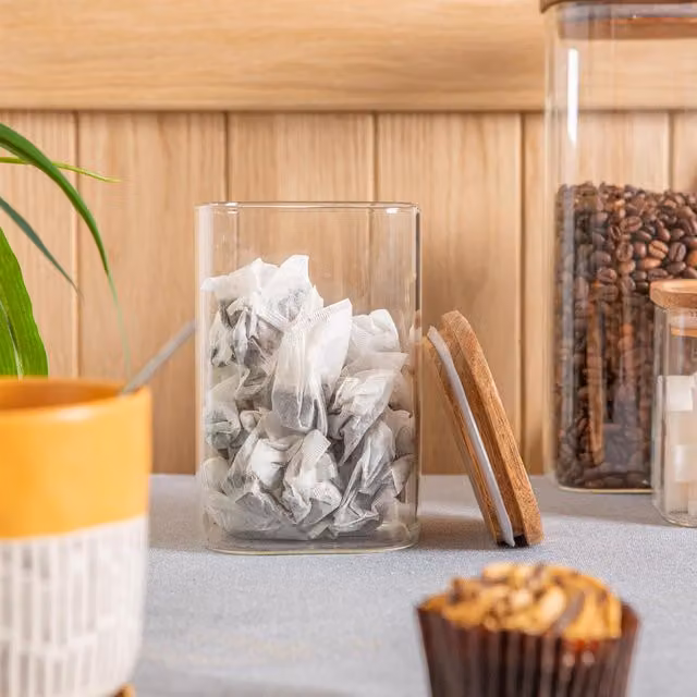 Argon Tableware Square Glass Storage Jar with Wooden Lid, Transparent and White, 1.1 l, Pack of 3