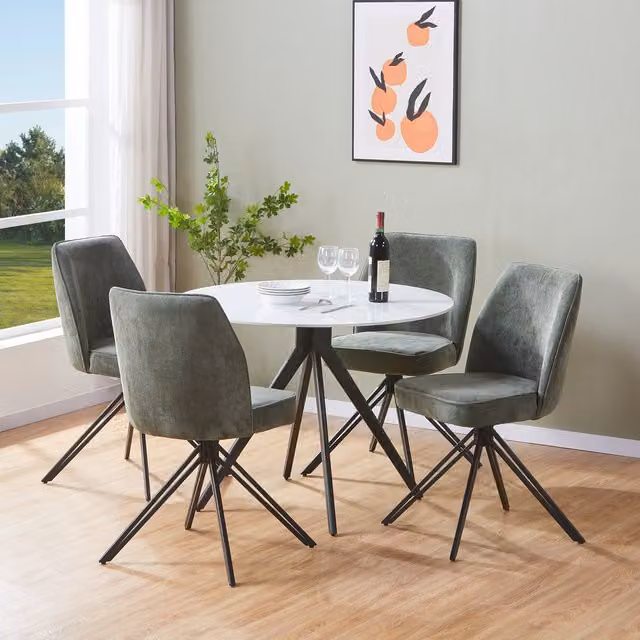 Aspen Gloss White Sintered Stone Round Dining Table and 4 Green Swivel Chairs