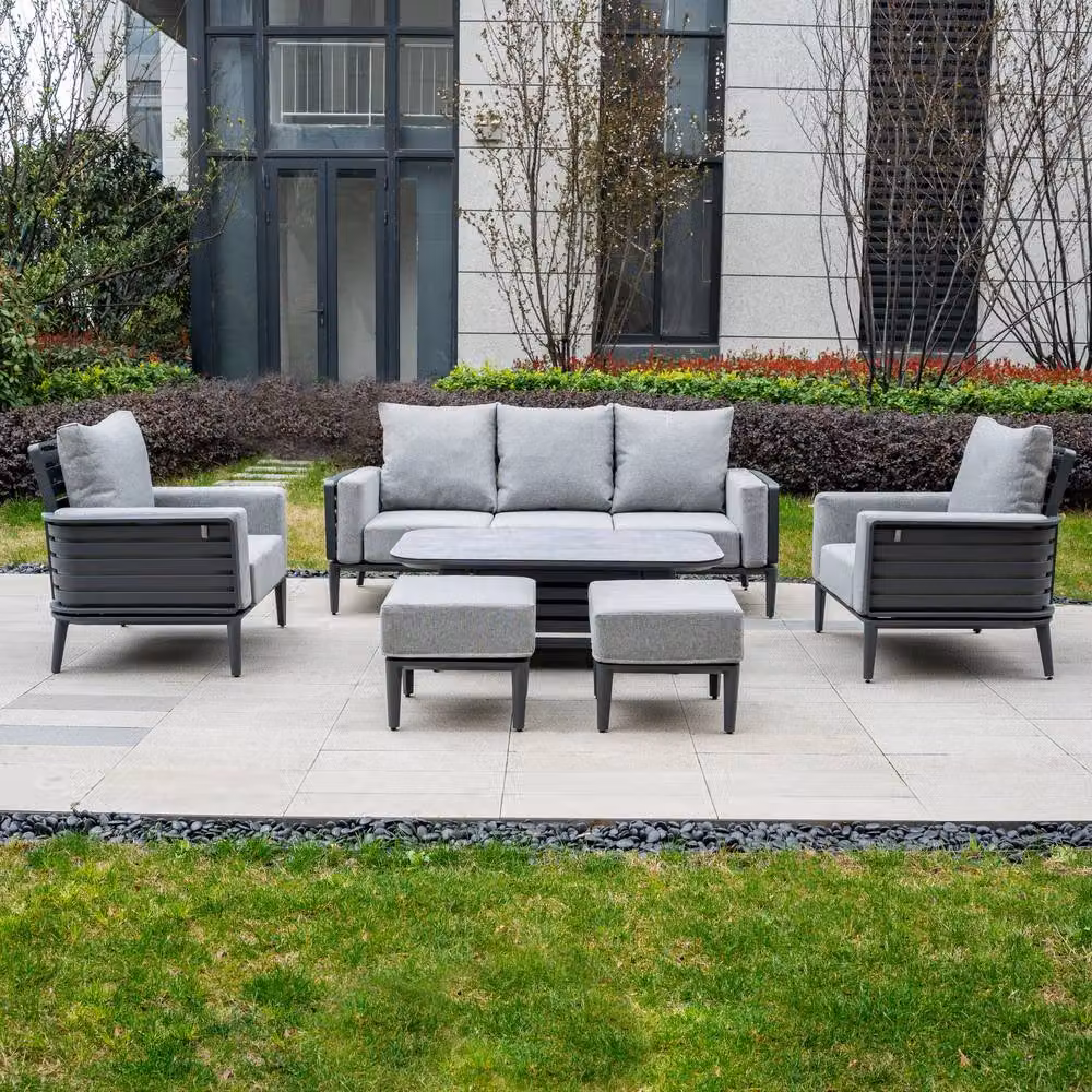 Mimo 6-Piece Aluminum Tube Outdoor Sofa Set with 2 Ottomans and Coffee Table in Grey – 3