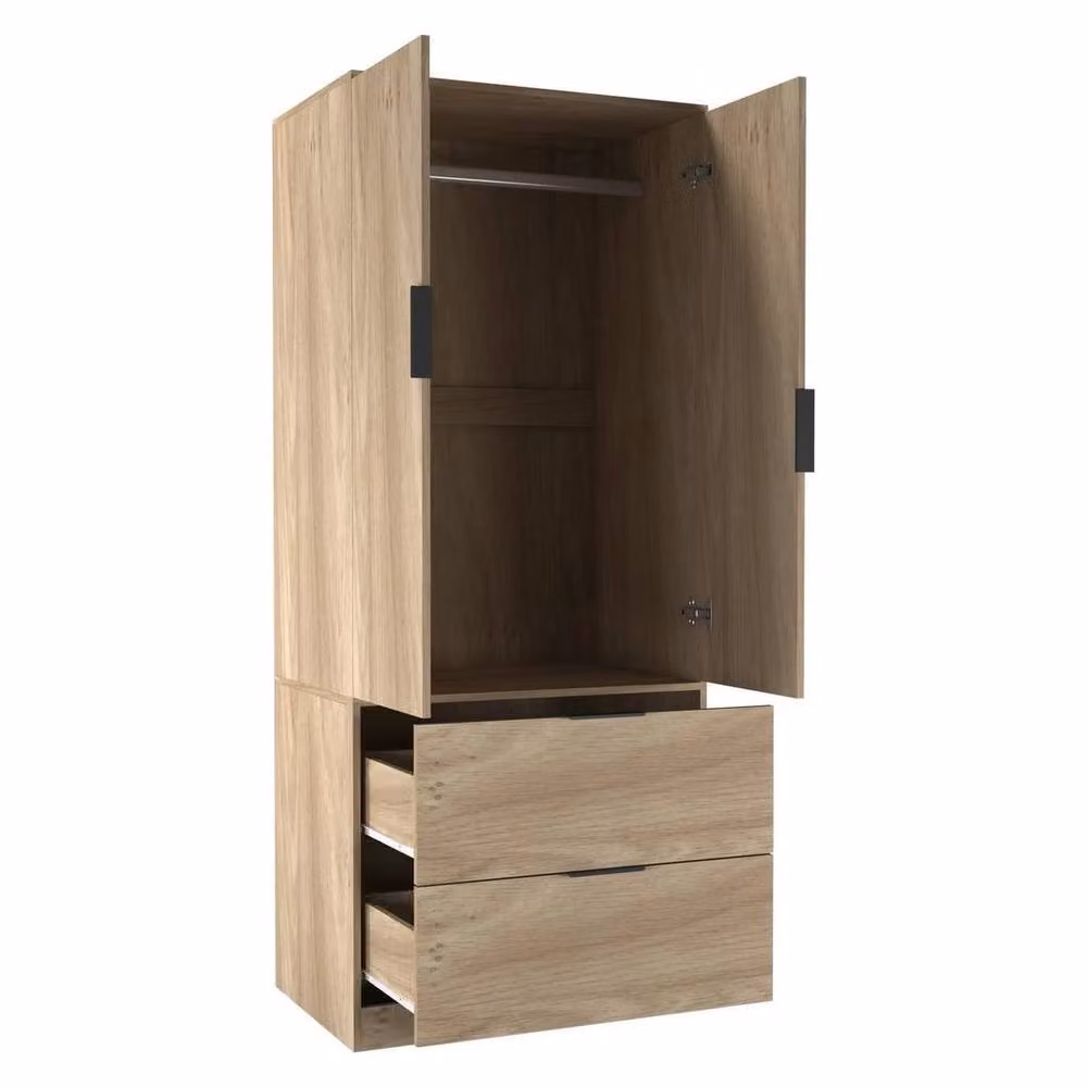 KORVIXA Minimalist Oak Bedroom Wardrobe with 2 Doors and 2 Drawers in Brown – 2