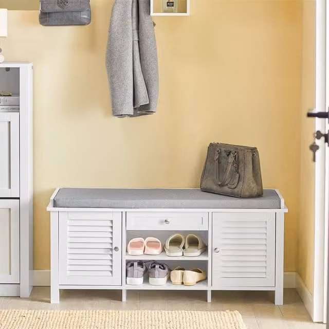 SoBuy Scandinavian Style Hallway Storage Bench and Shoe Rack in White or Grey with Fabric Seat
