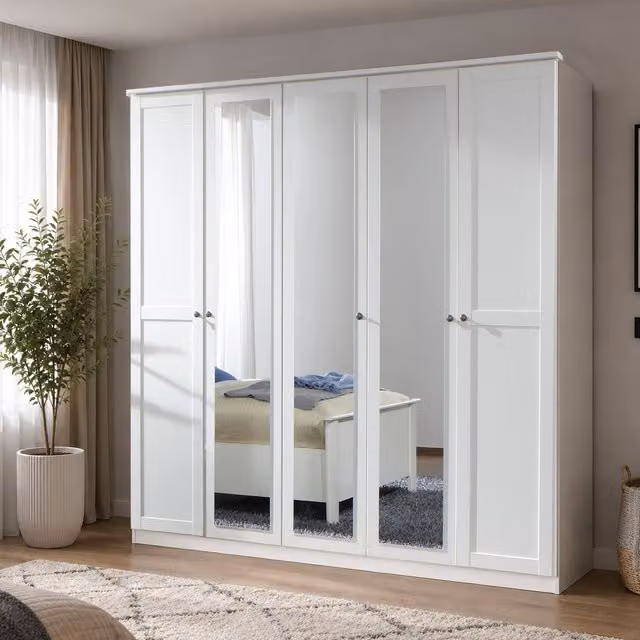 Chalet Matt White 5 Door Wardrobe with Mirror, Width: 225 cm