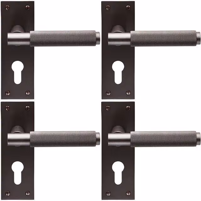 Loops 4x Pair Knurled Round Handles on Slim Euro Lock Backplate, Matt Bronze, W: 150 mm, H: 50 mm