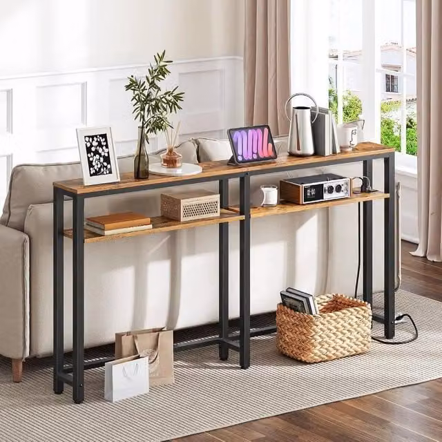 FLAVORA Industrial Wood Console Table with Charging Station in Brown, W/D/H: 180 x 15 x 100 cm – 1
