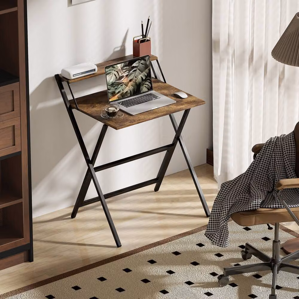 Rolipo Brown Folding Computer Desk with Monitor Shelf – 3