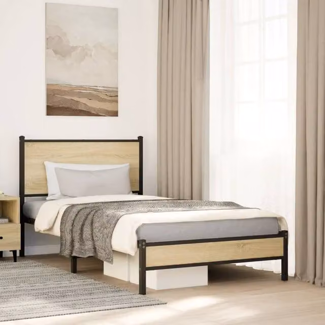 Berkfield Home Metal Bed Frame in Sonoma Oak Brown, W: 100 cm, L: 190 cm – 1