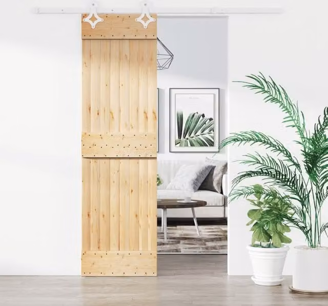 Berkfield Home Modern Sliding Door with Hardware Set, Solid Wood and Steel, Brown, W: 70 cm, H: 210 cm