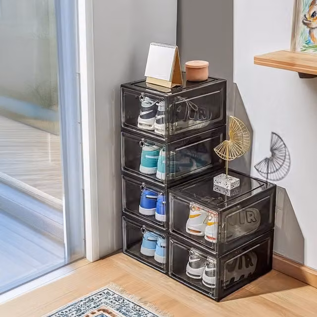 Komore 6-Piece Magnetic Shoe Storage Box Set with Lids in Transparent Grey