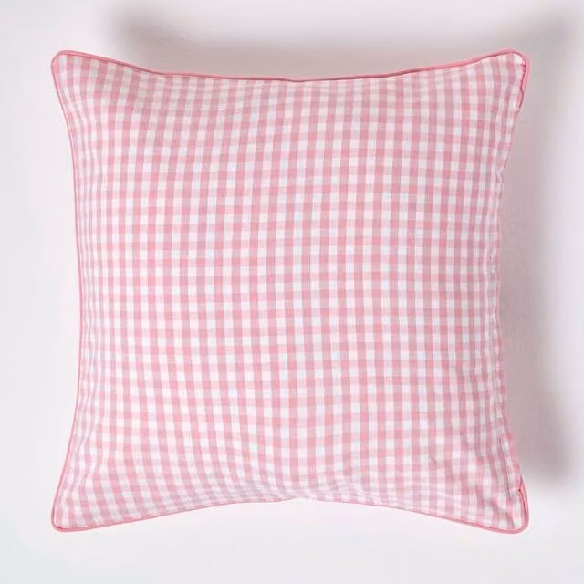 Homescapes Pink Cotton Gingham Check Square Cushion Cover, W: 60 cm, H: 60 cm