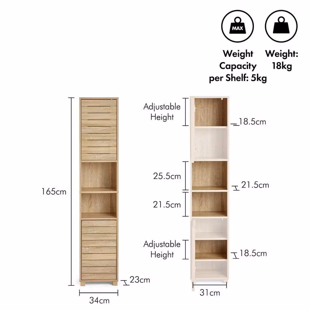 Havendro Tall Bathroom Cabinet in Light Oak Wood Effect with Hinged Doors and Internal Shelves, H: 165 cm, W: 34 cm, D: 23 cm – 2