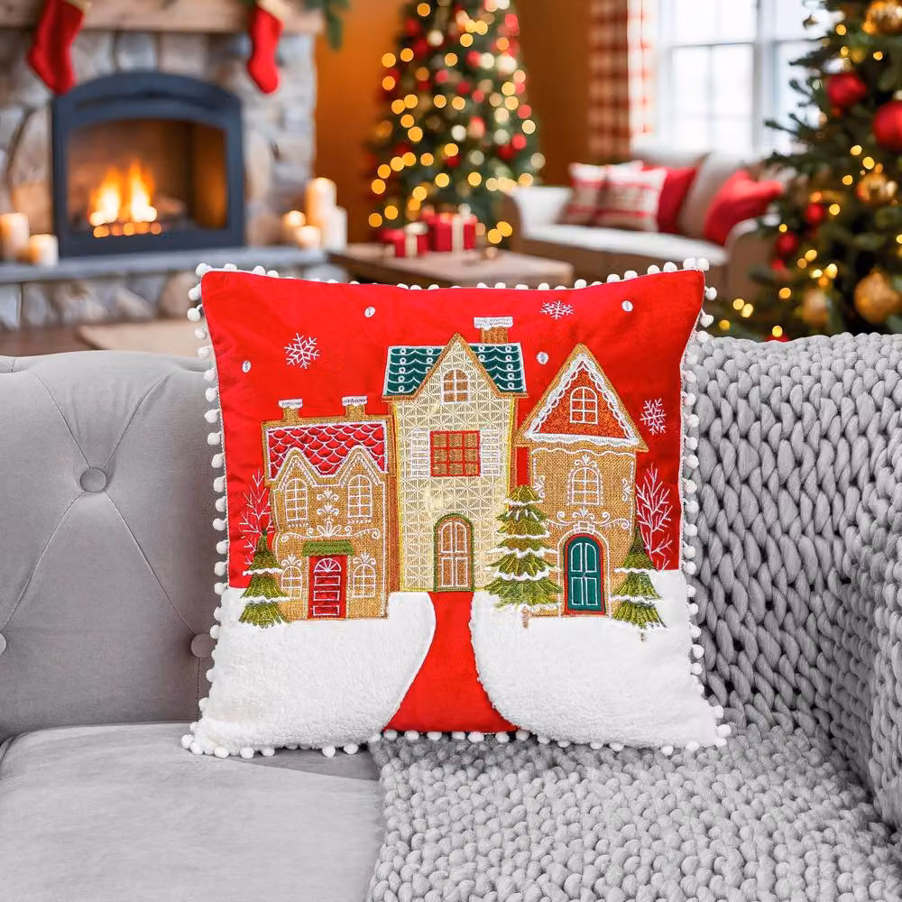 Luxury Living Red Christmas Gingerbread House Plush Square Cushion, 45 x 45 cm – 2