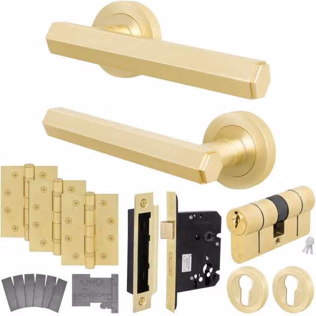 AFIT Brass Fire Door Handle with Euro Lock, Double Cylinder and Hinges in Gold, 150 x 150 mm – 1