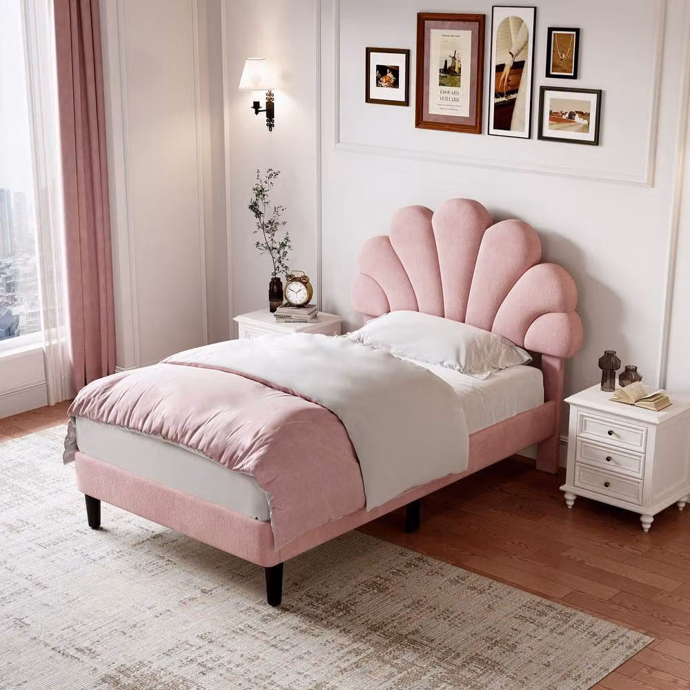 ModernLuxe Pink Velvet Upholstered Single Bed with Adjustable Petal Headboard, W/D/H: 90 x 190 x 107 cm – 2