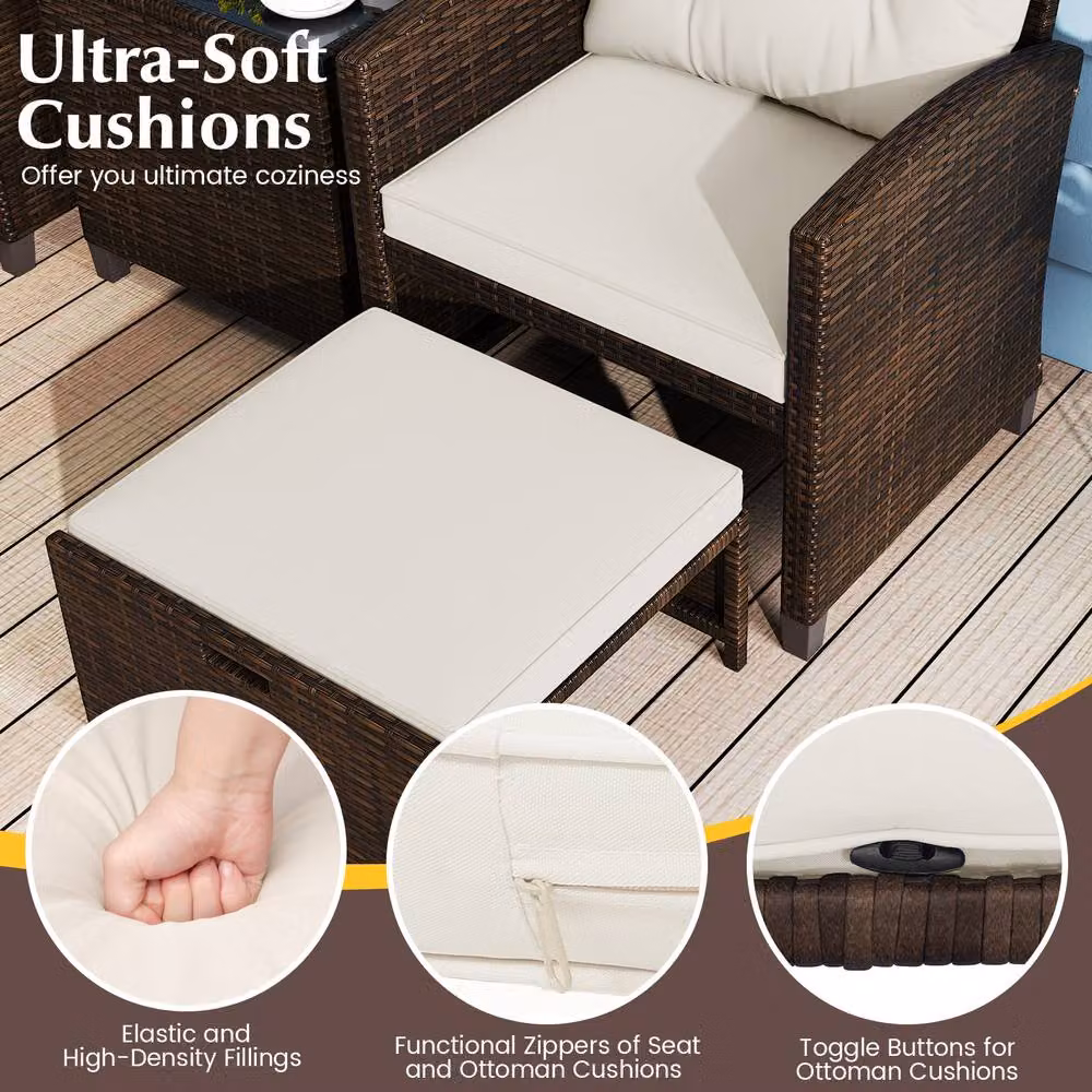 Gymax 5 Piece Brown Polyrattan Patio Furniture Set with Upholstered Cushions, Coffee Table and Ottoman – 5