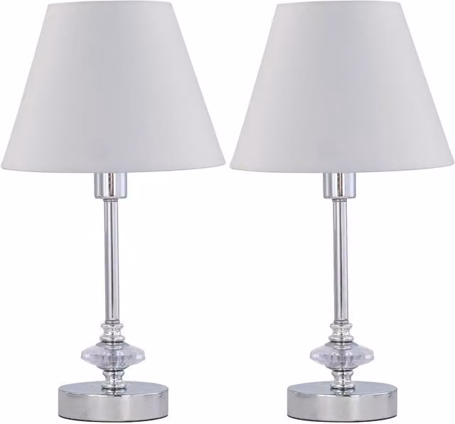 First Choice Lighting Set of 2 Chrome Jewelled Table Lamps with White Fabric Cone Shades in Silver – 1