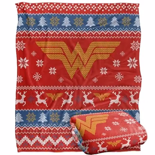 LOGOVISION Wonder Woman Ugly Christmas Sweater Throw Blanket, Multicolour and White, W: 152 cm, D: 127 cm – 1
