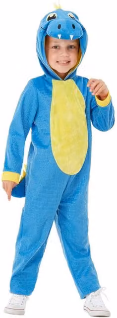 Smiffys Childrens Dinosaur Costume Jumpsuit in Blue, Yellow and Brown