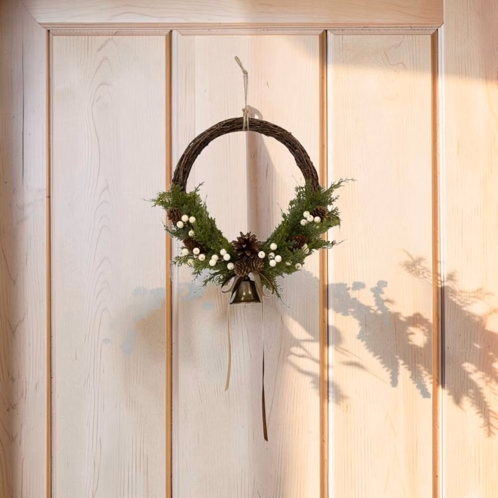 Four Candle Large Brown Rustic Twig Wreath with White Berries, Pinecones, Bells and Bow for Christmas Decor – 2