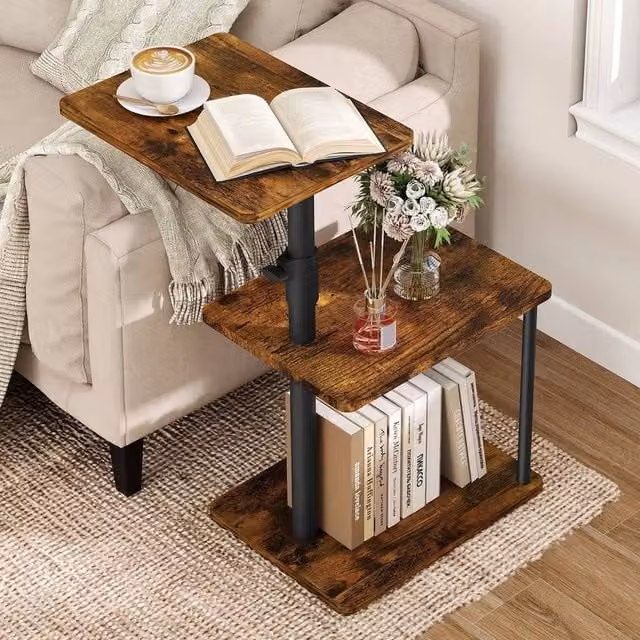 EONLION Height Adjustable 3 Tier Sofa Side Table with Rotating Top in Brown