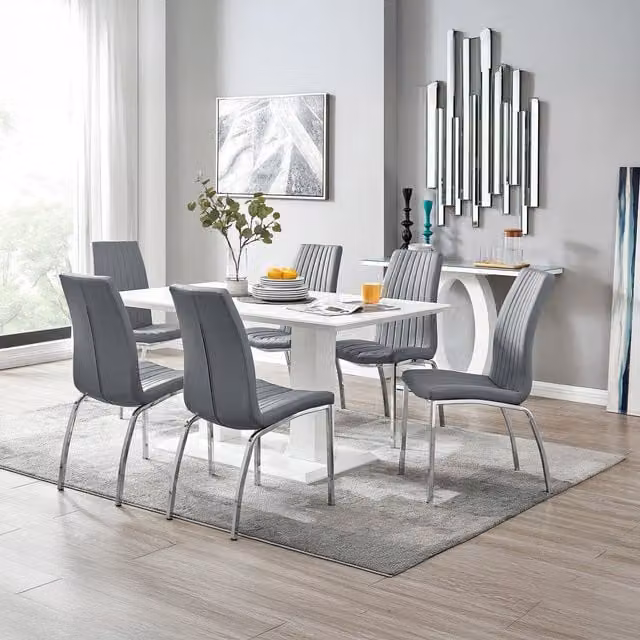 FurnitureboxUK Imperia High Gloss Rectangular Dining Table and 6 Isco Faux Leather Chairs Set in Grey