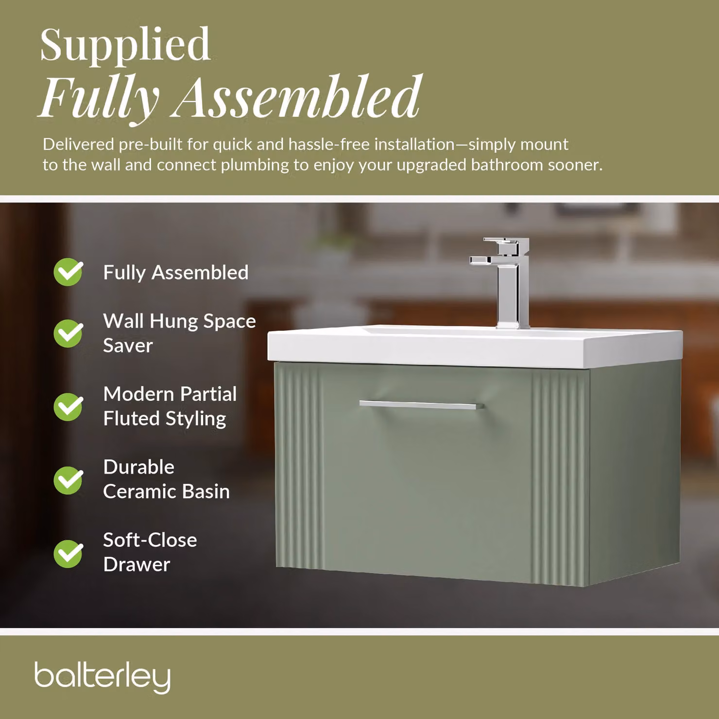 Balterley Wall Hung 1 Drawer Vanity Unit with Mid-Edge Basin, Satin Green, W: 60 cm, D: 39.9 cm, H: 60 cm – 4