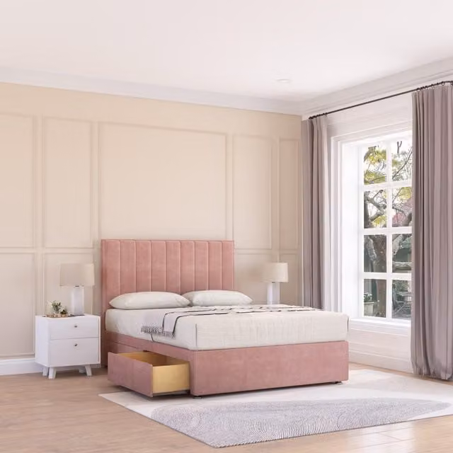 Sloomy Kansas Pink Plush Velvet Bed Set with 4 Drawers, Mattress and Headboard, W/D/H: 140 x 200 cm