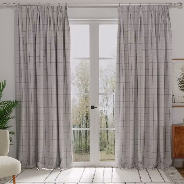 Terrys Balmoral Made to Measure Blackout Fabric Panel Curtains in Grey Checked Pattern with Pencil Pleat Tape