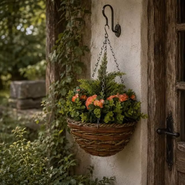 Wyld Haus Conivi Set of 2 Artificial Orange Lisianthus Hanging Flowers in Rattan Pots
