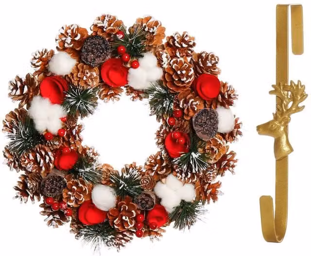 Dibor Red Christmas Wreath with Pinecones, Roses and Deer Hanger, Diameter: 36 cm – 1
