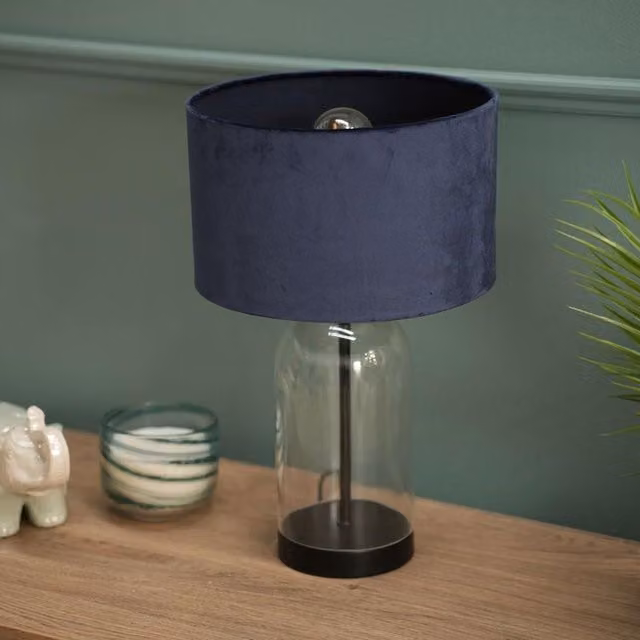 ValueLights Jessy Black Glass and Metal Table Lamp with Navy Blue Fabric Shade