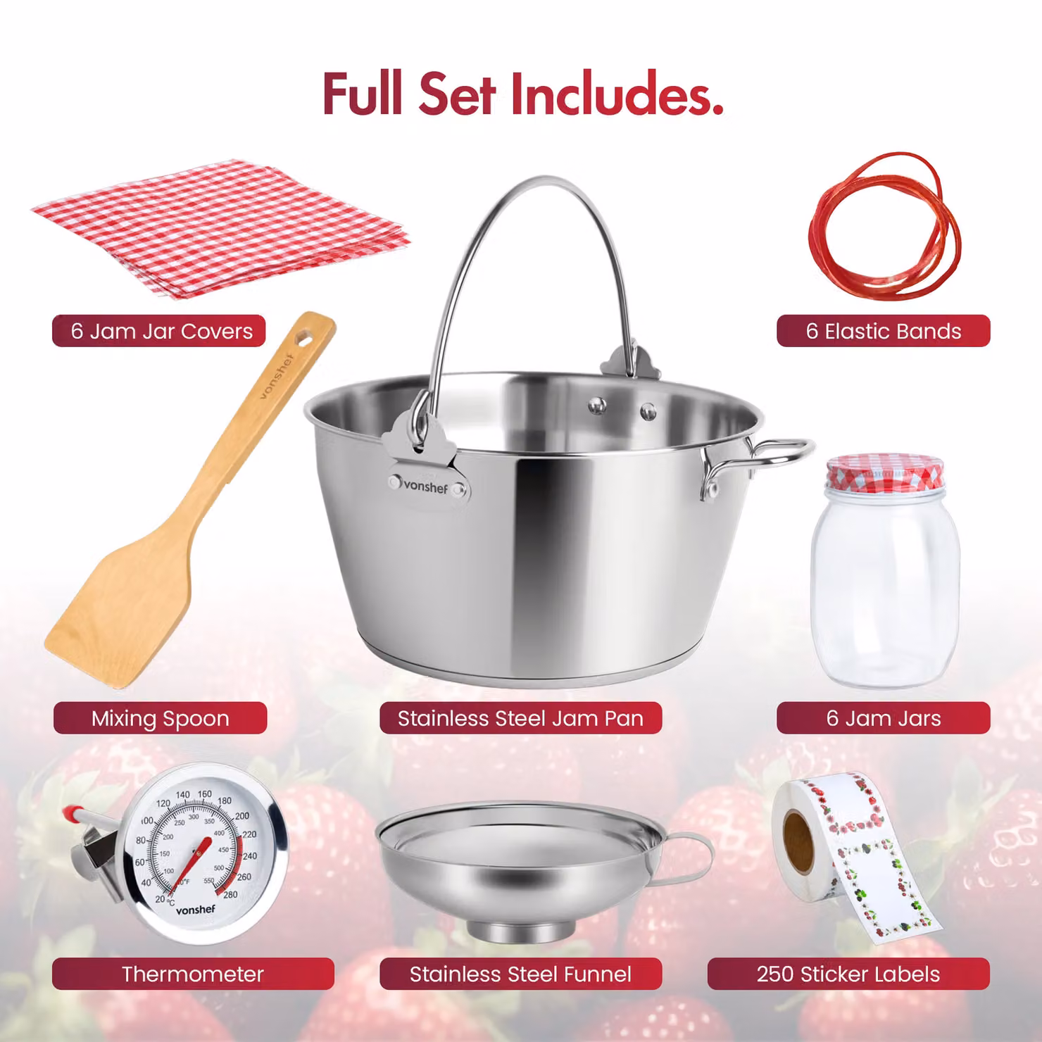 VonShef Jam Making Kit Starter Set in Silver, including 6 Glass Jars with Lids, Induction Hob Safe Maslin Pan, Thermometer and Spoon for Homemade Jams, Chutneys and Preserves – 4