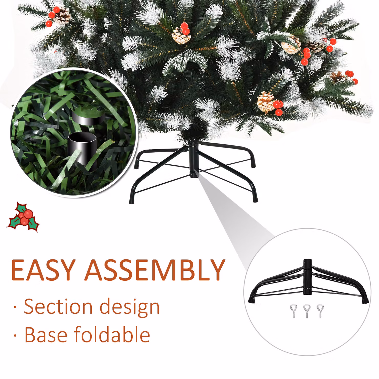 HOMCOM 6ft Artificial Snow Dipped Christmas Pencil Tree with Red Berries and White Pinecones, Green – 4