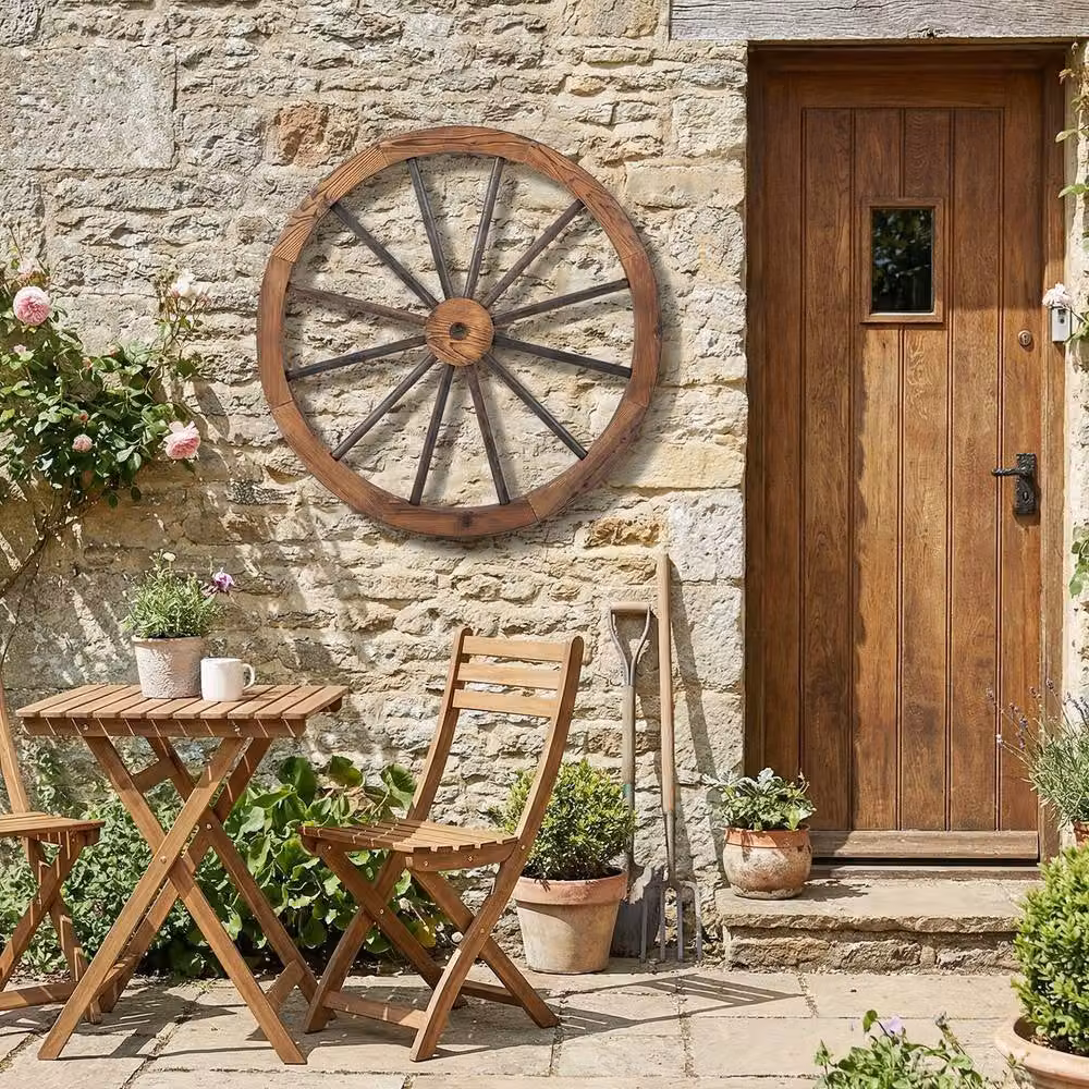 Costway Set of 4 Vintage Brown Decorative Wooden Wagon Wheel Wall Decor – 6