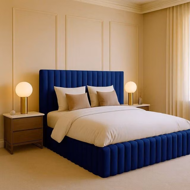 Desire Deco Brantley Plush Velvet Upholstered Panel Bed Frame, Blue, Super King, 200 x 200 cm